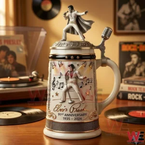 Elvis Presley themed commemorative beer mug with a sculpted performer figure musical artwork and a vintage record inspired background!