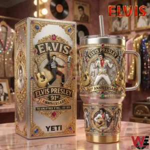 A gold themed Elvis Presley anniversary tumbler and collector box displayed together with rich decorative details and classic rock atmosphere!
