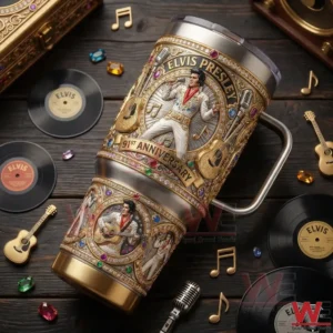 Elvis Presley themed insulated tumbler shown in a flat lay with vintage music elements and rich gold detailing!