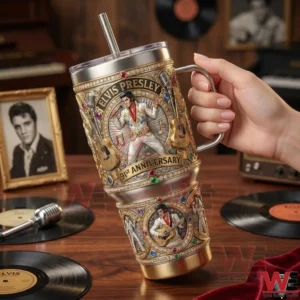 Close view of a hand holding a decorative Elvis Presley anniversary tumbler in a classic music inspired setting!