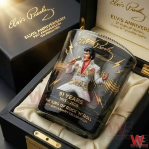 A luxury Elvis Presley anniversary whisky glass resting in a presentation box with iconic stage artwork and a ninety one year celebration design!