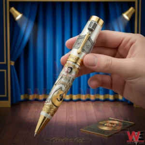 Hand holding an Elvis Presley themed pen with gold and silver accents and detailed artwork against a stage curtain background with spotlight lighting.