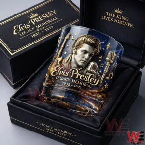 Elvis Presley legacy memorial whiskey glass with artistic portrait and musical decorations presented in a black luxury gift box!
