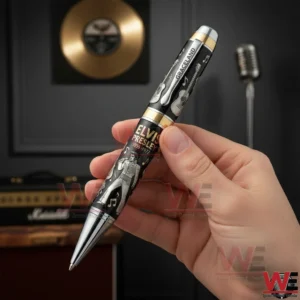 Hand holding an Elvis Presley commemorative pen with music themed background and vintage atmosphere!