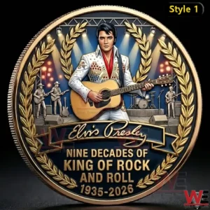 Commemorative rock and roll coin with a male performer playing guitar on stage framed by golden laurel leaves and concert scenery!
