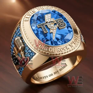Gold Elvis Presley tribute ring with blue gemstone TCB emblem microphone side detail and Always on my mind engraving