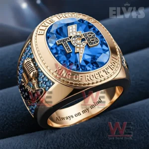 Elvis Presley TCB gold ring with blue gemstone face engraved rim microphone detail and Always on my mind inner band text