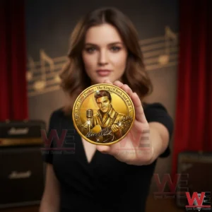 Woman holding a gold Elvis Presley commemorative coin in front of music equipment!