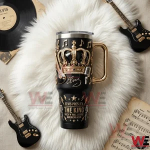 Black handled tumbler with gold crown musical notes and rock themed details on white fur surrounded by guitars vinyl record and music sheets!