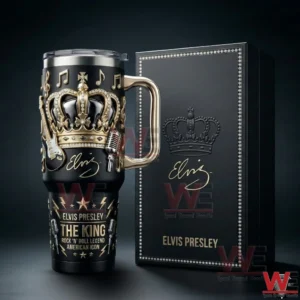 Black handled tumbler with gold crown musical notes and rock themed embossed details beside a black gift box on a dark studio background!