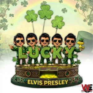 Elvis Presley themed building block display with green costumes shamrocks lucky decorations and a festive stage base!