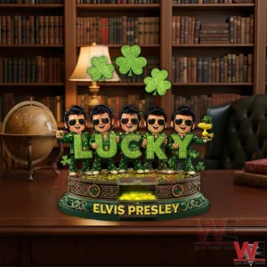 Elvis Presley x St. Patrick's Day Building Blocks Set 5 Elvis Presley Saint Patrick Day building block display on a desk with bookshelves and classic decor!