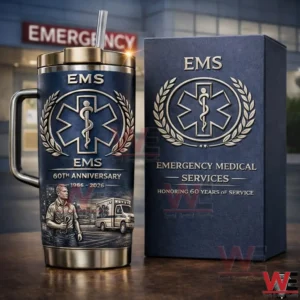 Navy EMS anniversary insulated travel mug with handle and straw beside a matching gift box with an emergency hospital entrance in the background!