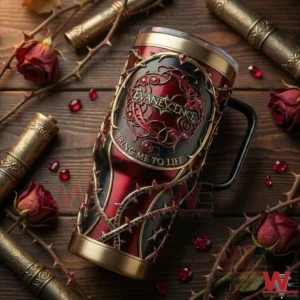 Evanescence Bring Me To Life tumbler surrounded by roses on a wooden surface!