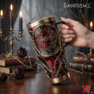 Hand holding an Evanescence Bring Me To Life tumbler in a candlelit gothic setting!