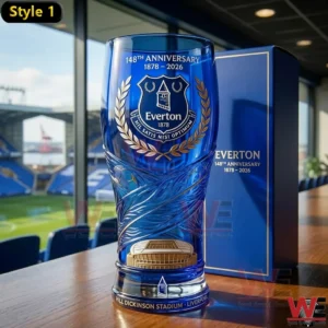 Everton 148th anniversary commemorative glass with presentation box on a table!
