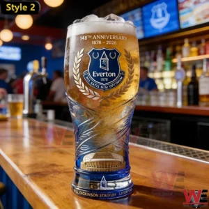 Everton 148th anniversary glass filled with beer on a bar counter!