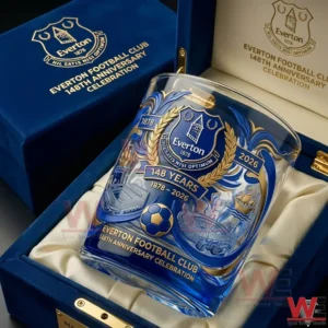Everton Football Club one hundred forty eight year anniversary whisky glass displayed inside a blue velvet presentation box with detailed club crest artwork!