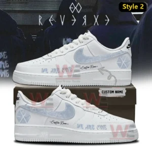 White Nike Air Force one sneaker with pale gray swoosh EXO symbol custom name and faint we are one text displayed on a shoebox with dark background