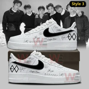 White Nike Air Force one sneaker with black swoosh EXO logo signature style markings and custom name shown on a shoebox with black and white group photo background