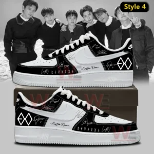 Black and white Nike Air Force one sneaker with gray swoosh EXO logo signature style markings and custom name displayed on a shoebox with black and white group photo background