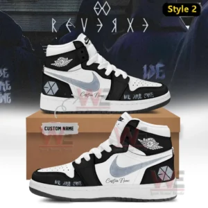 Two black and white high top sneakers with silver swoosh EXO logos We Are One text and custom name detail shown on a shoebox with Reverxe styled background!
