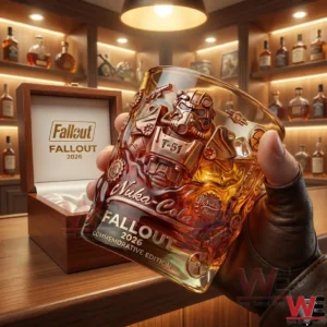 A hand holding a Fallout 2026 commemorative whiskey glass with engraved power armor design displayed in a stylish liquor cabinet environment!