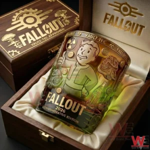 A Fallout themed whiskey glass placed inside a premium wooden box with Vault Tec logo and collectible presentation style!