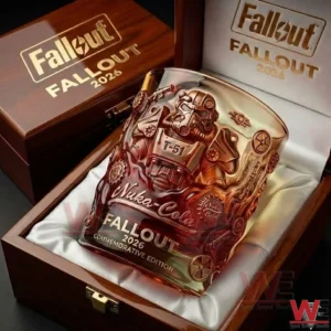 A Fallout commemorative whiskey glass resting in a wooden gift box with bold engraved artwork and a polished finish!