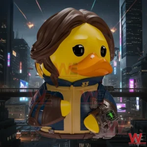 Fallout inspired rubber duck character wearing a vault outfit displayed in front of a futuristic city at night!