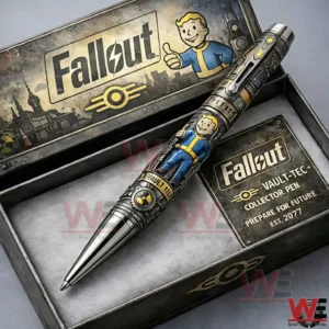 Fallout themed collector pen placed inside a metal gift box with retro future design details!