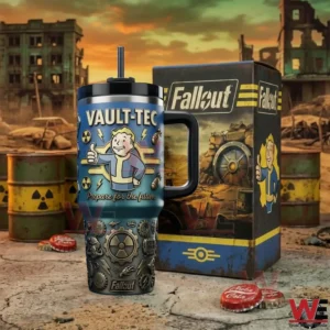 Fallout Vault Tec tumbler with handle and straw displayed next to a themed box in a post apocalyptic setting!