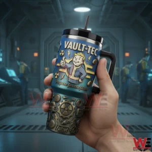 Hand holding a Vault Tec Fallout insulated tumbler with lid and straw in a futuristic vault interior!