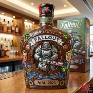 Fallout themed decorative liquor bottle on a bar counter with a power armor figure vault boy art and a matching box in the background!