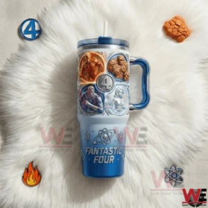 Fantastic Four themed tumbler with four hero portraits blue handle clear lid and straw displayed on a white fur background!