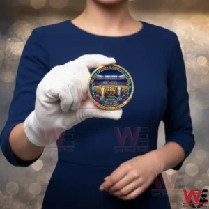 A woman wearing gloves holding a Barcelona commemorative coin centered in the frame with clear club details visible!