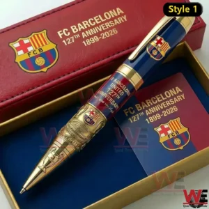 A commemorative FC Barcelona pen rests neatly in its presentation box with clear focus on refined craftsmanship!