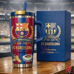 Anniversary themed insulated tumbler with club crest artwork placed next to a blue presentation box on a table!