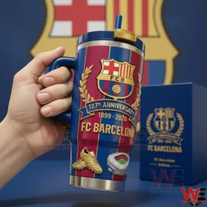 Hand holding a commemorative insulated tumbler with club crest artwork against a branded background!