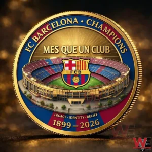 Gold FC Barcelona stadium commemorative coin with Mes Que Un Club text and FCB crest!