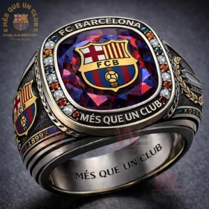 Silver and black FC Barcelona ring with a large multicolor gemstone top FCB crest stone border FC Barcelona and Mes Que Un Club text on the rim and Mes Que Un Club engraving inside!