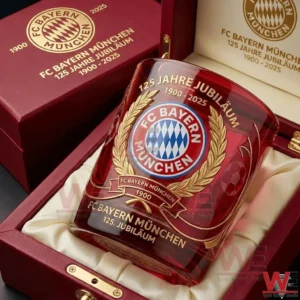 FC Bayern Munchen one hundred twenty five year anniversary whiskey glass resting inside a luxury gift box with detailed crest artwork!