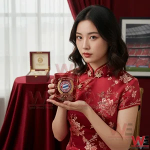 Model holding an FC Bayern Munchen one hundred twenty five year anniversary whiskey glass with classic red and gold design elements!