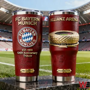 Two FC Bayern Munich insulated tumblers with red textured exterior gold lettering club crest anniversary tribute and a three dimensional Allianz Arena stadium design displayed on the football field!