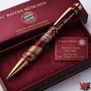 A FC Bayern Munchen Themed Burgundy And Gold Pen Shown In A Gift Box With The Club Logo And Official Style Collectible Card!