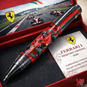Ferrari themed racing pen with a red Formula One car design inside a red presentation box with racing imagery!