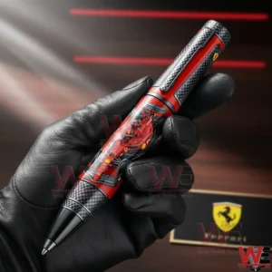 Ferrari Collections Edition Carbon Fiber Racing Pen 3 Gloved hand holding a Ferrari racing themed pen with a red Formula One car design and carbon fiber pattern details!