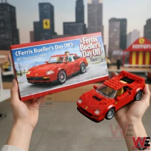 Ferris Bueller Day Off themed box and red brick built sports car model held in hands with an urban backdrop and toy display setting!