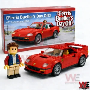 Ferris Bueller Day Off building block car set with red convertible model character figure and branded collector box arranged on a white background!