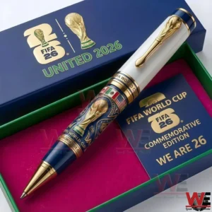 Blue white and gold commemorative football pen placed inside a decorative presentation box with tournament branding!